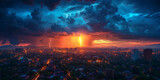 Fototapeta Zwierzęta - A breathtaking cityscape under the siege of an electric storm, with multiple lightning strikes piercing the twilight sky..