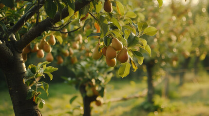 Ripe pear fruit in a garden with pear trees