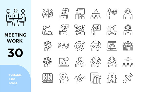 Meeting icon Line Editable Icons set. Conference, team, people, brainstorm, business, seminar, interview, collection, zoom. Vector illustration.