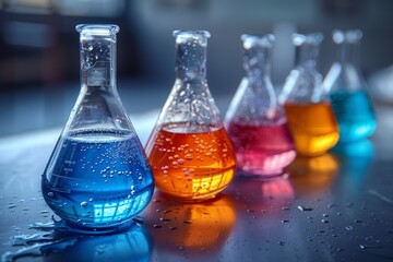 A close-up of reflective Erlenmeyer flasks containing multicolored chemicals on a wet table surface