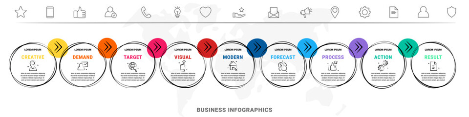 9 step arrows vector infographic. Modern and line infographics business timeline with related circle shapes, colors, icons. Visualization for business presentation, banner, workflow layout, chart