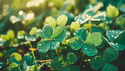 Lush green clover leaves with dew droplets. St. Patrick's Day holiday