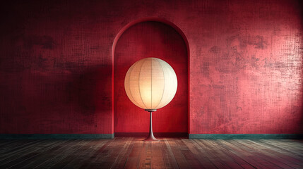 Wall Mural - A white lamp resting on a wooden floor against a red wall