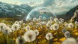 Ecosystem concept inside a transparent globe among dandelions.