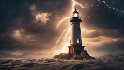 Canvas Print - lighthouse at dusk highly intricately detailed photograph of Lighthouse In Stormy Landscape - Leader And Vision Concept with lightning