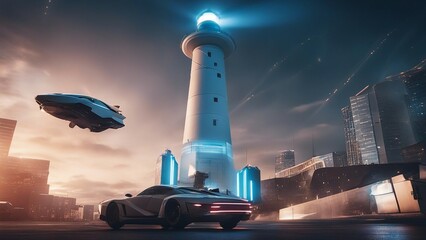 Canvas Print - view of the city A lighthouse in a futuristic city, where a flying car is crashing into the tower.  