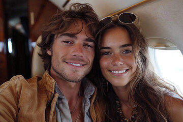 young couple in an aircraft flying for holidays