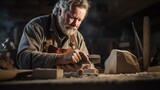 Fototapeta  - Sculptor poised to carve stone mallet and chisel in hand diffused lighting