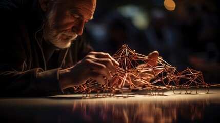 Wall Mural - Detailed view of sculptor's hands with wireframe illuminated by task lighting