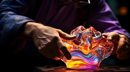 Wall Mural - Detailed view of sculptor shaping glass vibrant molten colors under bright light