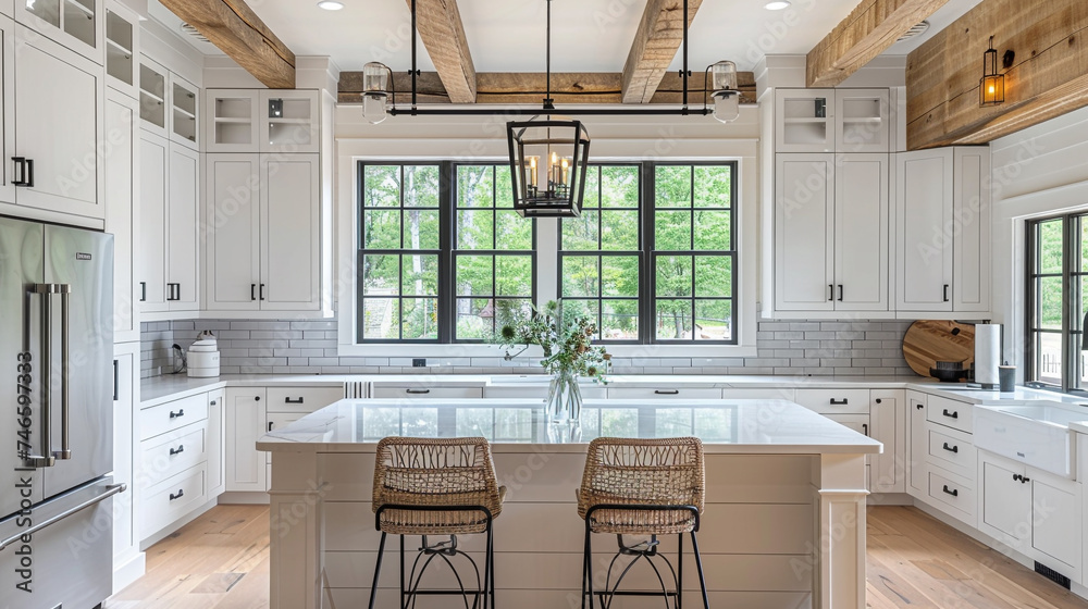 interior bright spacious and modern farmhouse style kitchen design ...
