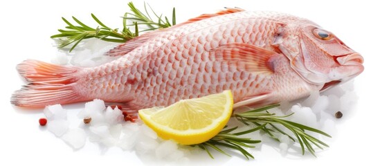 Poster - A fresh Tilapia fish is displayed on a white background, accompanied by a slice of lemon. The lemon adds a zesty touch to the seafood presentation, enhancing the overall visual appeal.