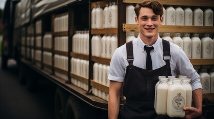 Canvas Print - Milk delivery person beside vintage truck evoking past era