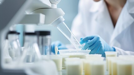 Dairy scientist examining milk samples under microscope in lab