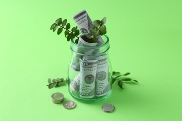 Financial savings. Dollar banknotes in glass jar, twigs and coins on green background