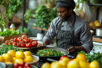 Wall Mural - A professional chef in a modern kitchen prepares a dish with fresh produce like tomatoes and greens, focusing on gourmet cooking and healthy eating