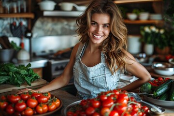 Joyful young woman preparing food with a heap of fresh tomatoes in a bright kitchen