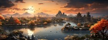 A Beautiful Scene From Sunrise Shows A City From The Sky, In The Style Of Dynasty, Colorful Gardens, Timber Frame Construction, Mountainous Vistas, Light Green And Bronze, Firecore, Grandiose Architec