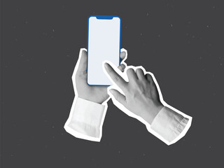 Black and white hands in a white shirt holding a phone with a empty screen - cut out element for collage. Vector illustration