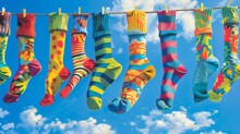 Colorful Socks Hanging On A Clothes Line Against A Blue Sky