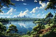 a big lake with trees and a view of the city, in the style of dc comics, flickr, light sky-blue and green, prairiecore, urban edge, hudson river school, high quality photo