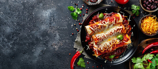 Wall Mural - Enchiladas are tortillas folded around a filling, covered in chili sauce and baked.