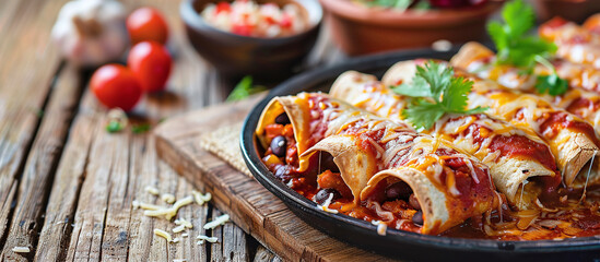 Wall Mural - Enchiladas are tortillas folded around a filling, covered in chili sauce and baked.
