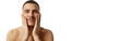 Banner. Young brunette man put his hands on cheeks against white studio background with negative space to insert text. Concept of beauty treatment, male health, body care, spa treatment, hygiene.