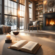 Cozy home scenery. Book and glass of wine in living room with fireplace
