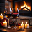 Cozy home scenery. A glass of red wine on a wooden table. A bottle of wine, candles. Mood.