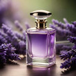 Elegant, fancy perfume bottle among lavender.