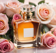 Perfume mockup. Elegant, fancy perfume bottle among delicate roses.