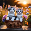 Cute little kittens sitting in a basket at sunset. Outdoor portrait.