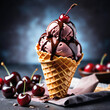 Cherry ice cream covered in chocolate in a cone.