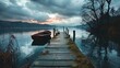 a boat's dock on a lake, in the style of soft, atmospheric lighting, light sky-blue and dark black, creative commons attribution, happenings, time-lapse photography