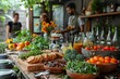 An array of fresh vegetables, fruits, and bread on a bustling market stand evoke a sense of community and healthy living