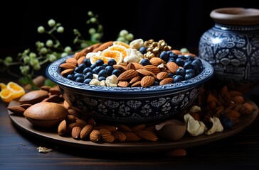 Wall Mural - a bowl with nuts, seeds, and other ingredients, in the style of light bronze and navy, organic material