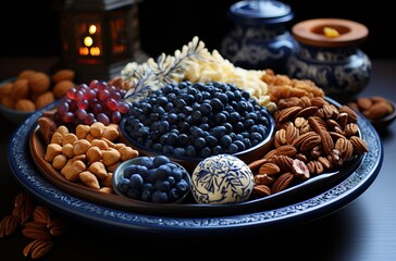 Wall Mural - a bowl with nuts, seeds, and other ingredients, in the style of light bronze and navy, organic material