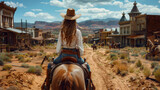 Fototapeta  - wild west town, Woman dressed as a cowboy on a horse