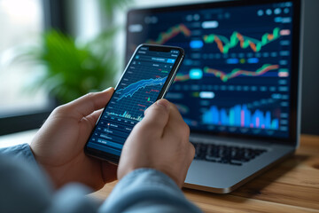 Fototapete - Close-up of investor's hands using smartphone and laptop to study financial statistics and stock market trends.