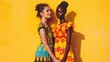 Two women in vibrant African dresses against a yellow wall. Cultural fashion and elegance concept with a strong shadow