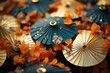 a display with a bunch of oriental umbrellas, in the style of light amber and gold, multilayered collages, large canvas sizes, kitsch, , traditional