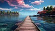 a dock leading into the water at sunset, in the style of mesmerizing optical illusions, luminous seascapes, soothing landscapes, spectacular backdrops