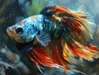 a fish in beautiful colors with a black background, in the style of dark gray and dark bronze, light beige and teal, kimoicore, swirling vortexes, sharp & vivid colors, dreamlike creatures