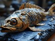 a fish skeleton swimming on the ocean, in the style of dark gold and black, chromatic purity, trillwave, wimmelbilder, eye-catching