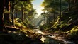 a forest with sunlight emanating from the branches, in the style of light green and light brown, exacting precision, environmental awareness, naturecore, sunrays shine upon it, wood, lush scenery
