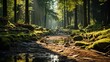 a forest with sunlight shining through thick trees, in the style of dark green and light bronze, visually poetic, pastoral charm, sunrays shine upon it