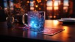 a gift card on a table with a bright light, in the style of digital airbrushing, luminous scenes, miniaturecore, shiny/glossy, intel core, aurorapunk, xmaspunk