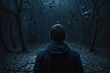 Man Standing in the Middle of a Forest at Night. Generative AI.