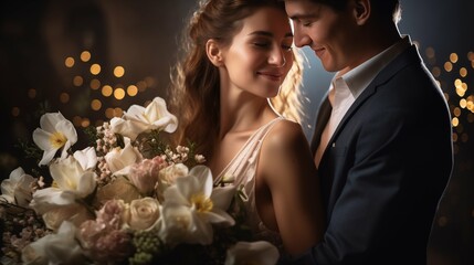 Married couple with flower bouquet, marriage and love 